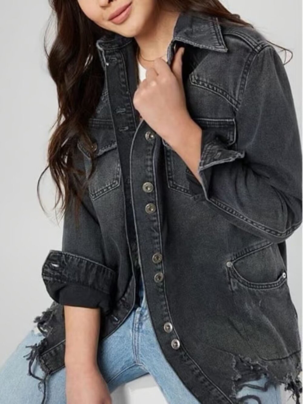 Free People Washed Black Distressed Oversized Denim Jacket - Picture 1 of 11